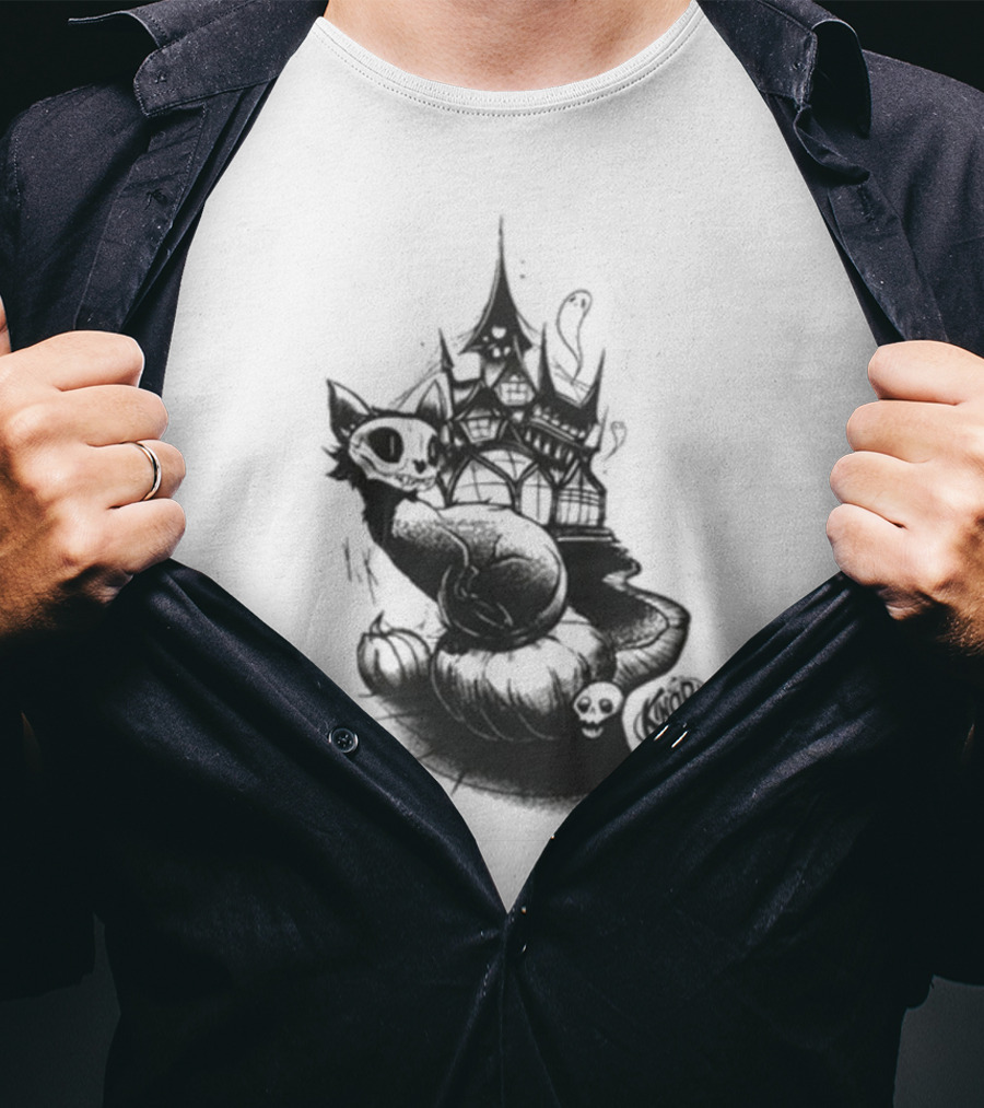 Kingpin Skelecat Haunt By Kellan Horner Ghostly Cat With Crown And Smoke T-Shirt