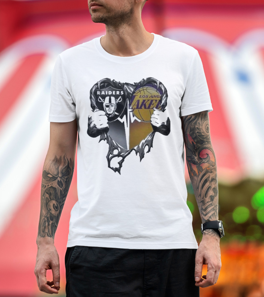 Las Vegas Raiders Los Angeles Lakers Heart Design T-Shirt
