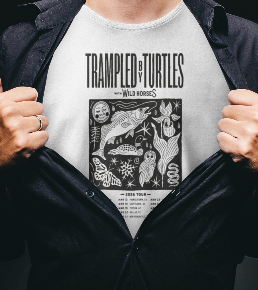 Trampled By Turtles Wild Horses 2026 Tour Dates Fish Sun Moon Flower Butterfly T-Shirt