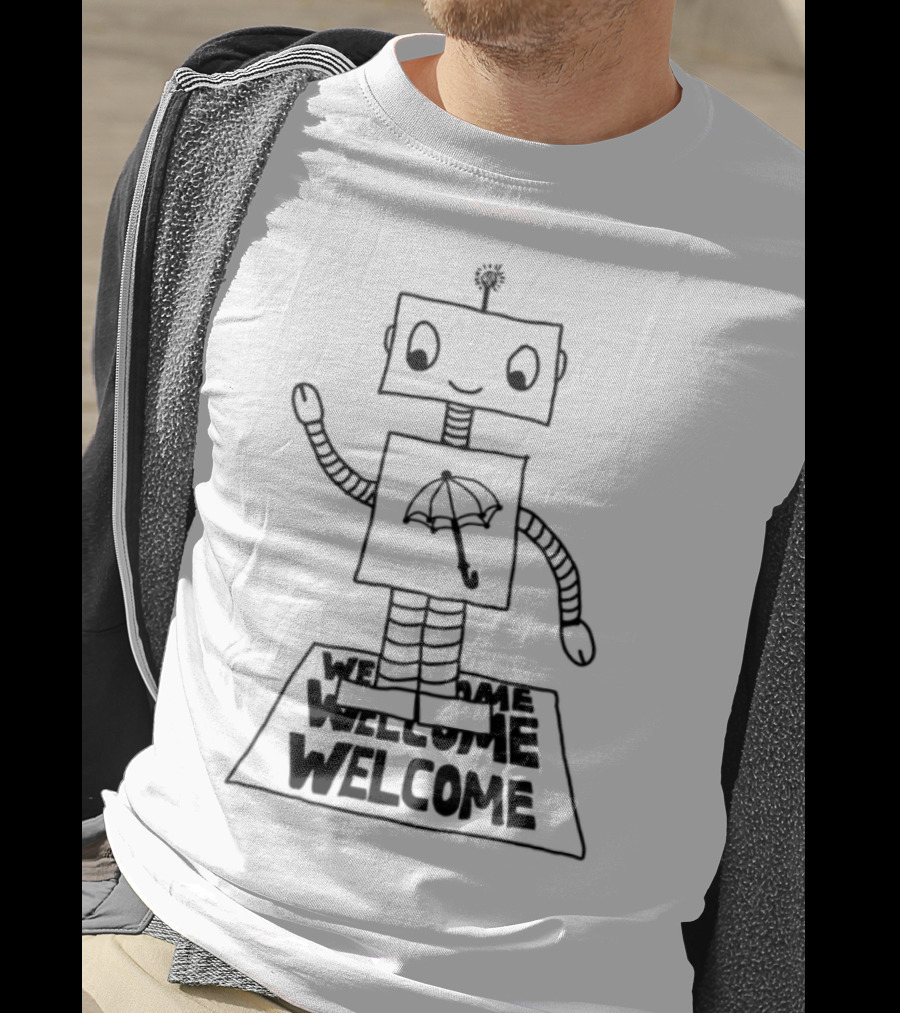 Robot Welcome Friendly Waving With Umbrella T-Shirt