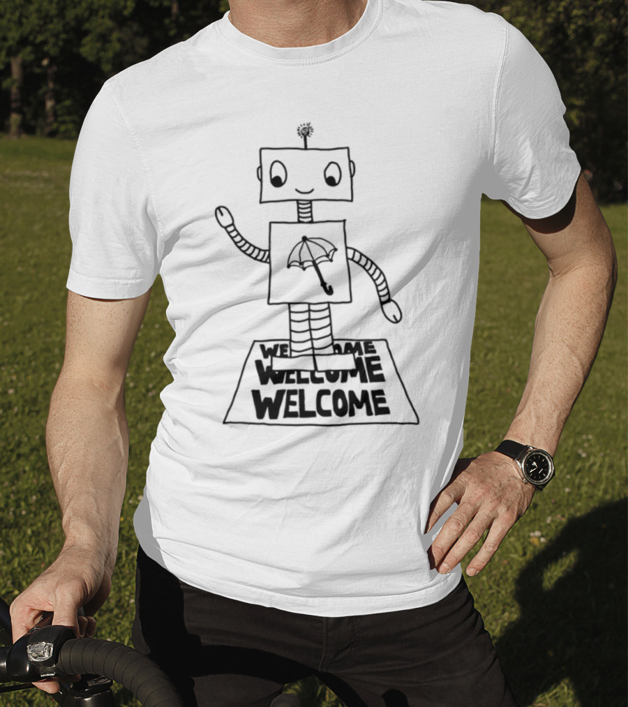 Robot Welcome Friendly Waving With Umbrella T-Shirt