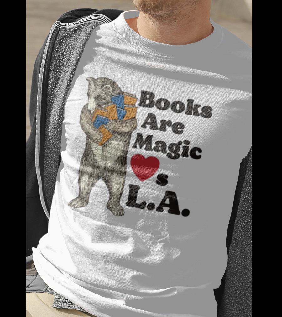 Books Are Magic Loves L.A. Bear With Books Illustration T-Shirt