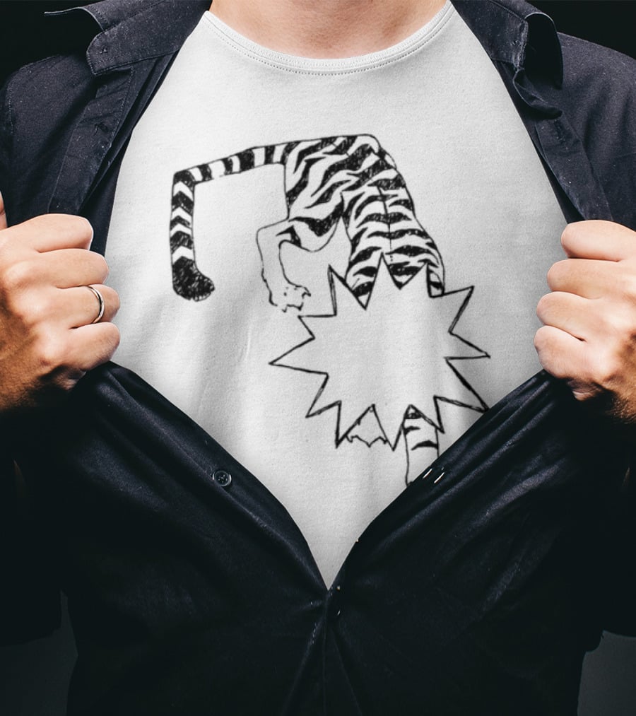 Cody Guaranteedaudio Tiger Illustration Black And White Dynamic Pouncing Feline With Bold Outline T-Shirt