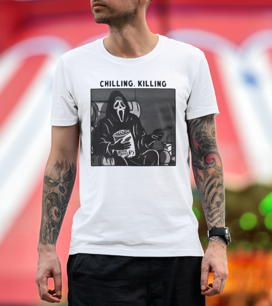 Ghost Face Chips Chilling Killing Movie Night Vibes T-Shirt