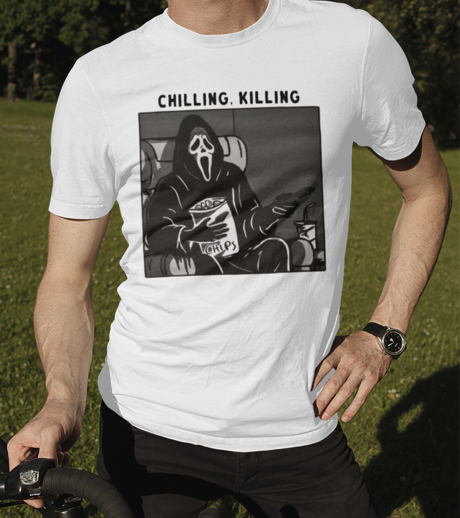Ghost Face Chips Chilling Killing Movie Night Vibes T-Shirt