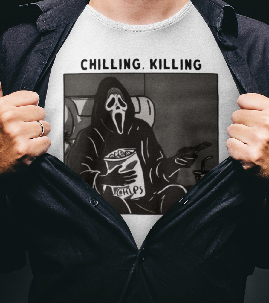 Ghost Face Chips Chilling Killing Movie Night Vibes T-Shirt
