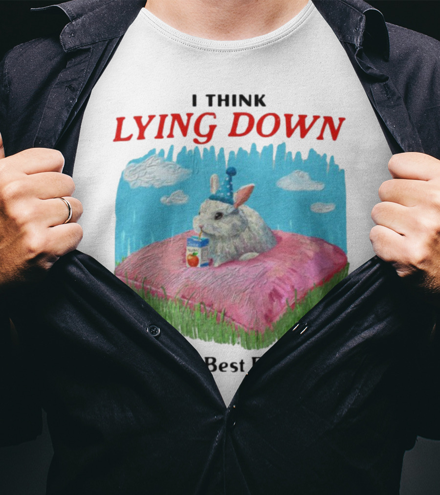 I Think Lying Down Bunny With Party Hat And Juice Box Pillow Clouds T-Shirt