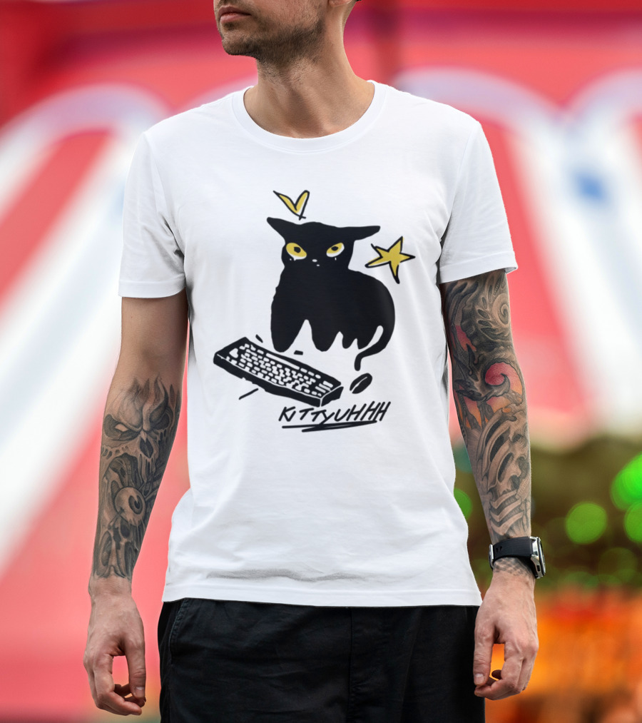 Kittyuhhh Cat at Keyboard with Yellow Eyes and Stars T-Shirt