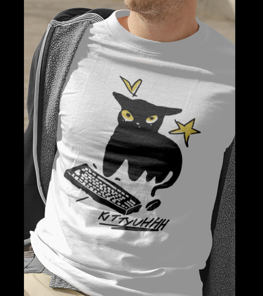 Kittyuhhh Cat At Keyboard With Yellow Eyes And Stars T-Shirt