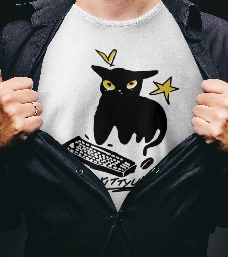 Kittyuhhh Cat At Keyboard With Yellow Eyes And Stars T-Shirt