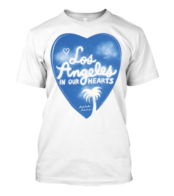 Los Angeles In Our Hearts Blue Heart With Palm Tree And Waves T-Shirt