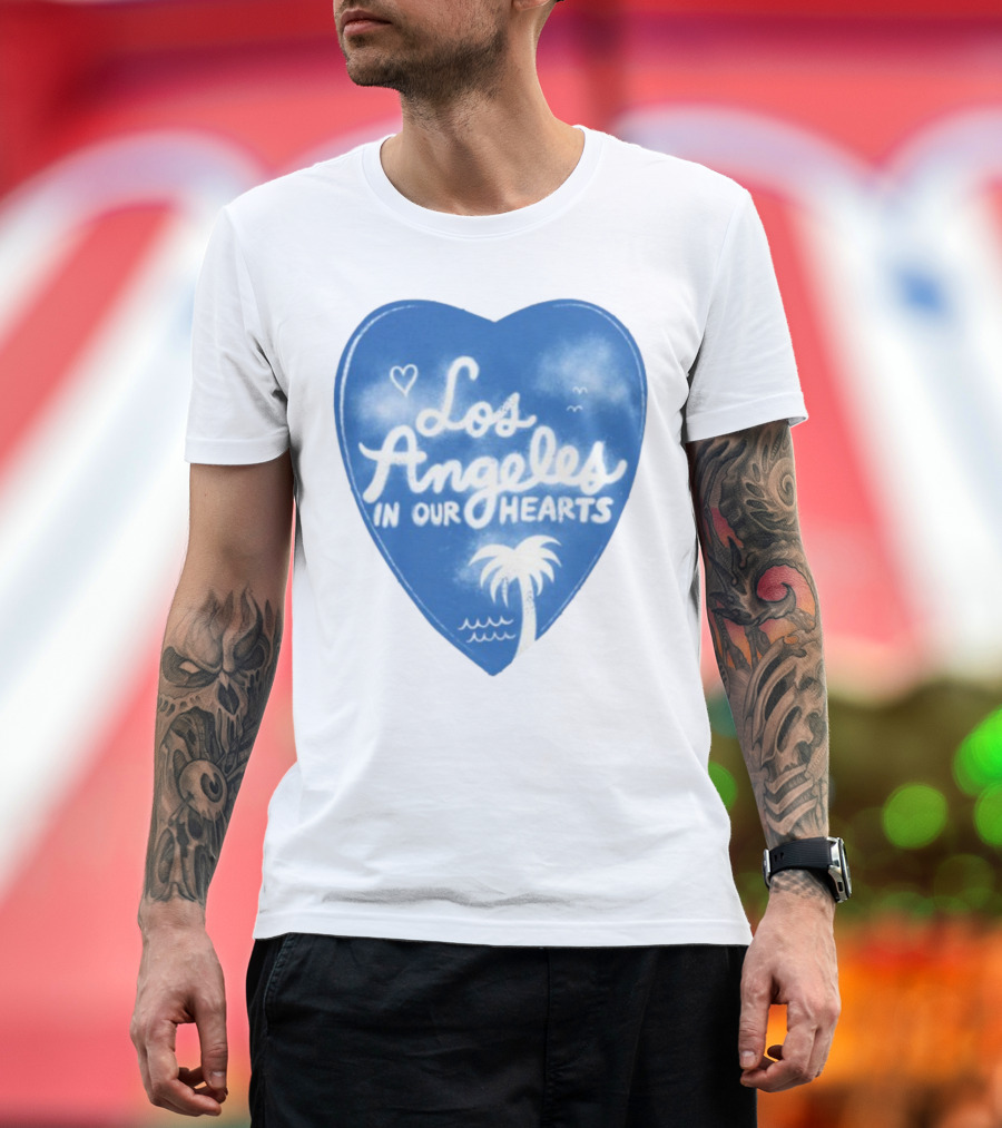 Los Angeles In Our Hearts Blue Heart With Palm Tree And Waves T-Shirt