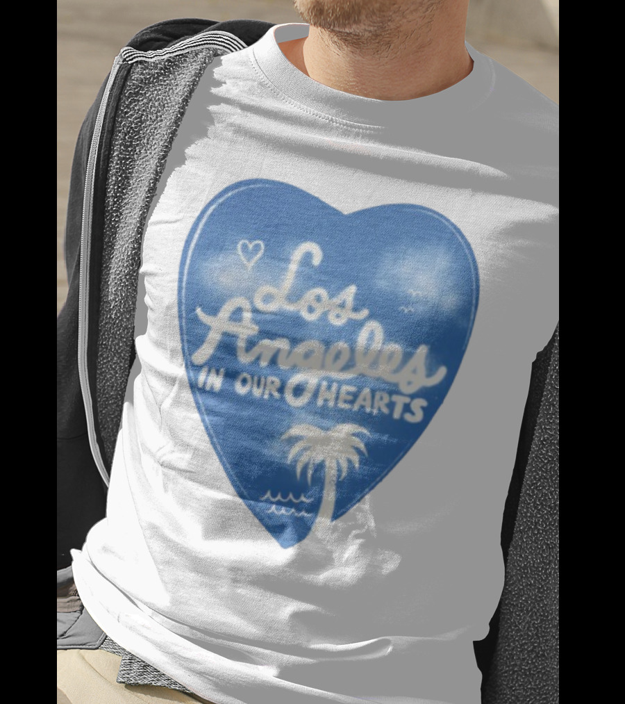 Los Angeles In Our Hearts Blue Heart With Palm Tree And Waves T-Shirt