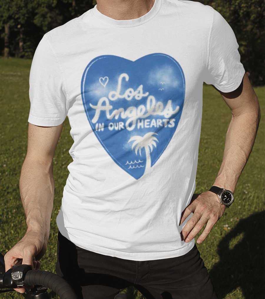 Los Angeles In Our Hearts Blue Heart With Palm Tree And Waves T-Shirt