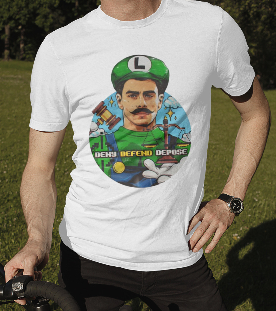 Luigi Mangione Deny Defend Depose Mario Bros Inspired Courtroom Adventure T-Shirt