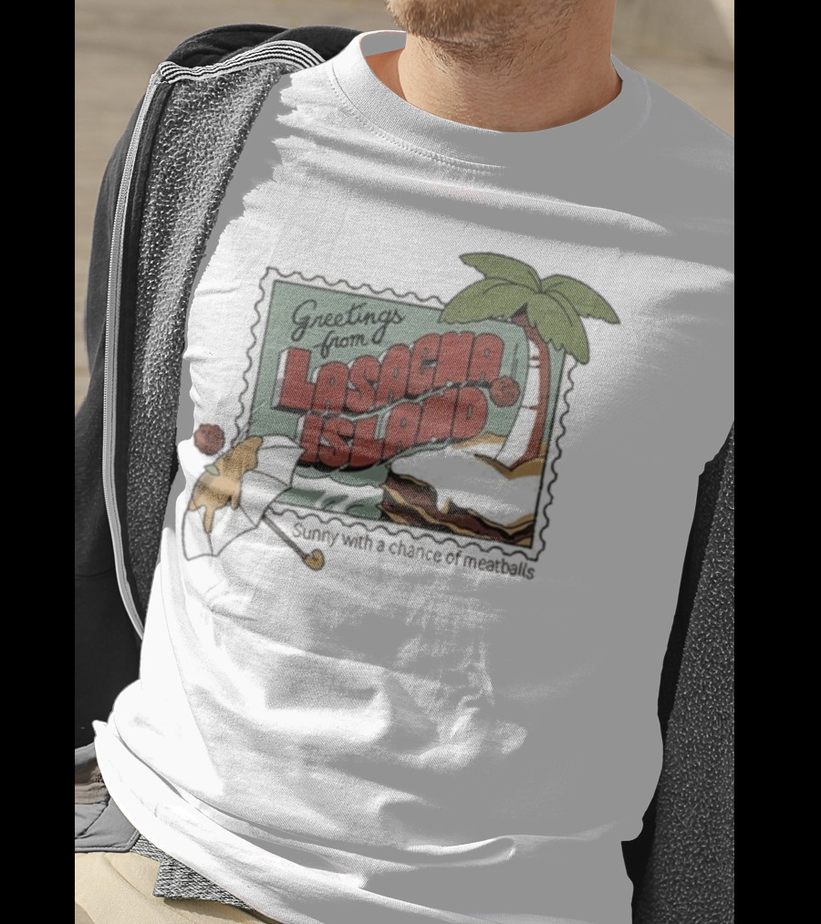 Greetings From Lasagna Island Sunny With A Chance Of Meatballs Palm Tree Umbrella Scene T-Shirt