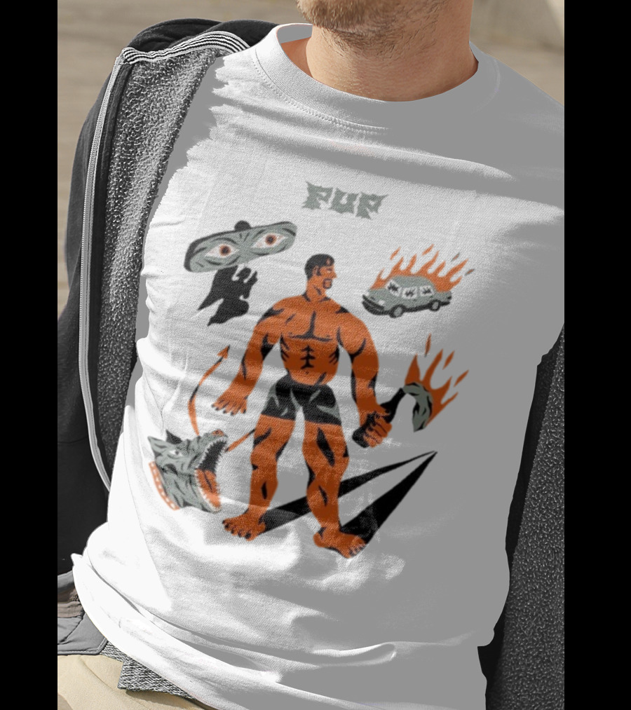 Pup Muscle Man Flaming Car And Wolf T-Shirt