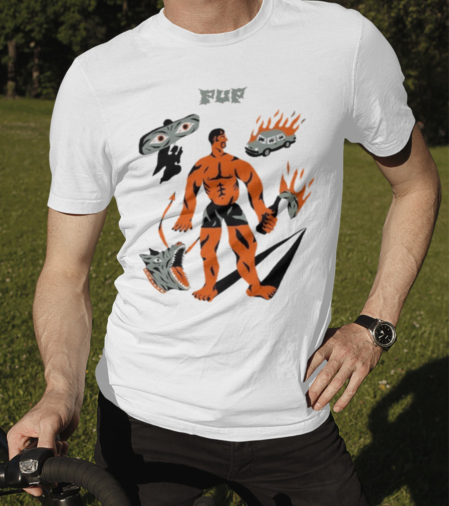 Pup Muscle Man Flaming Car And Wolf T-Shirt
