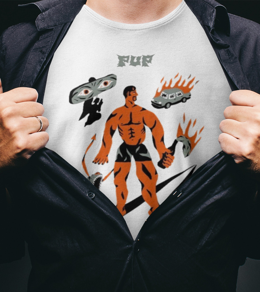 Pup Muscle Man Flaming Car And Wolf T-Shirt