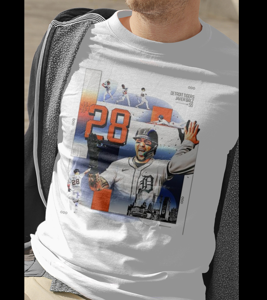 Javier Báez Detroit Tigers Number 28 Baseball Action High Five Urban Skyline T-Shirt