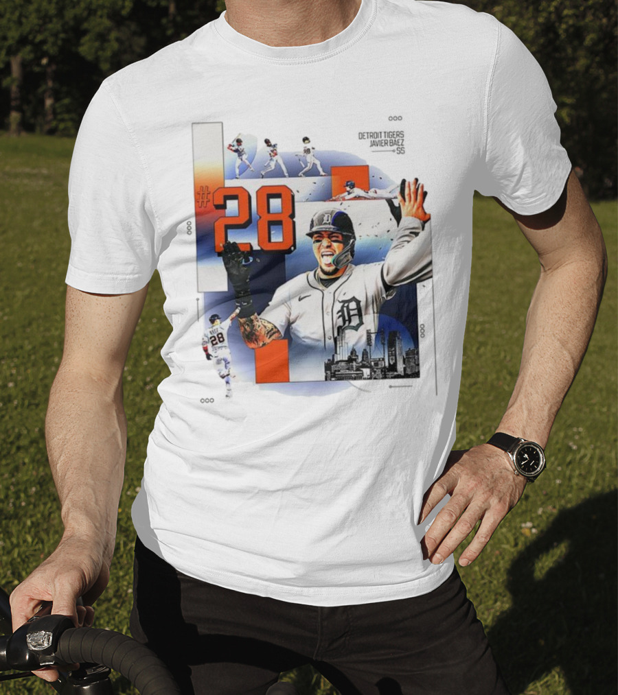 Javier Báez Detroit Tigers Number 28 Baseball Action High Five Urban Skyline T-Shirt
