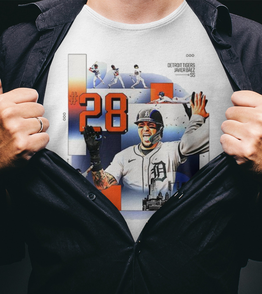 Javier Báez Detroit Tigers Number 28 Baseball Action High Five Urban Skyline T-Shirt