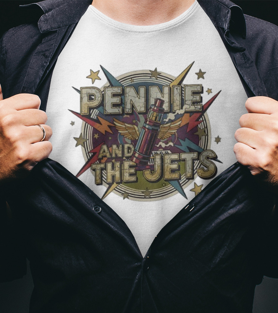 Pennie And The Jets Retro Style Music Rocket Winged Stars T-Shirt
