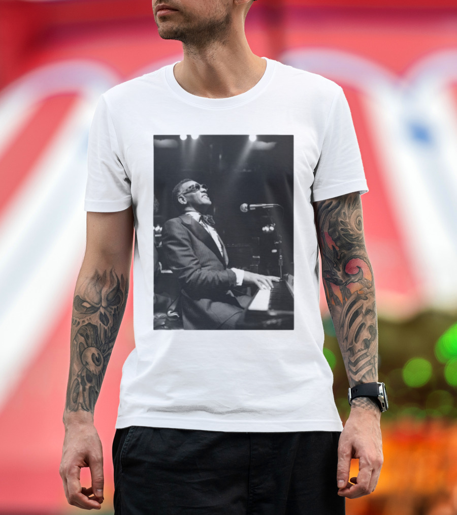 Ray Charles Live On Stage At The Piano In Black And White T-Shirt