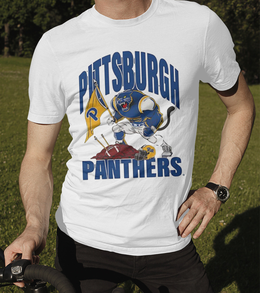 Pittsburgh Panthers Pitt Mascot Planting Flag Football Helmet T-Shirt