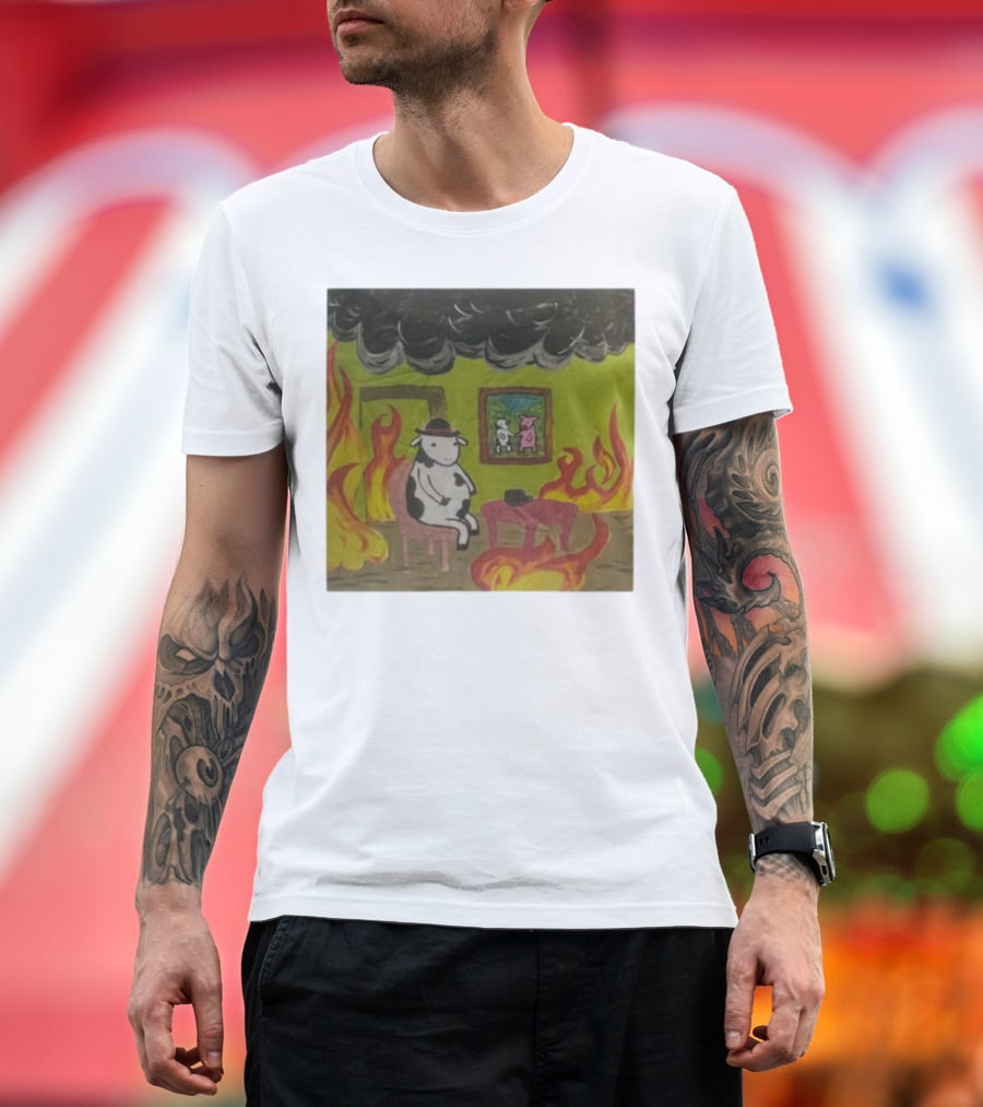 This Is Fine Cow Meme Fire Scene Surreal Humor T-Shirt