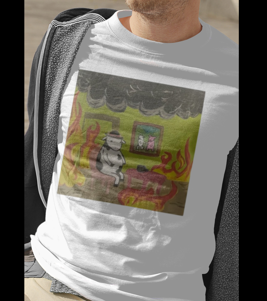 This Is Fine Cow Meme Fire Scene Surreal Humor T-Shirt