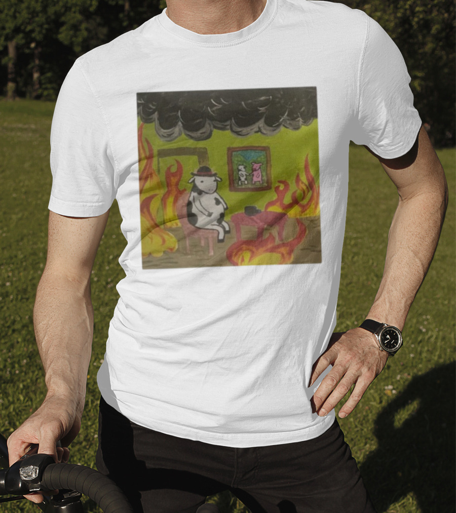 This Is Fine Cow Meme Fire Scene Surreal Humor T-Shirt