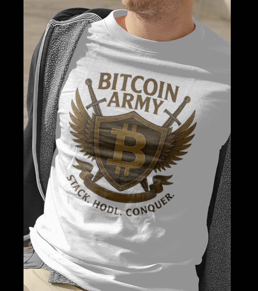 Bitcoin Army Shield Stack Hodl Conquer Crypto Warriors T-Shirt
