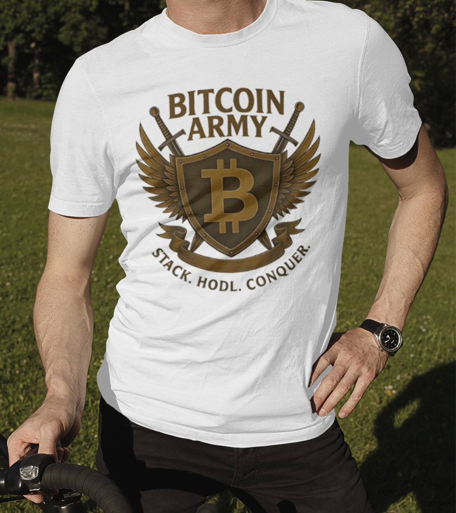 Bitcoin Army Shield Stack Hodl Conquer Crypto Warriors T-Shirt