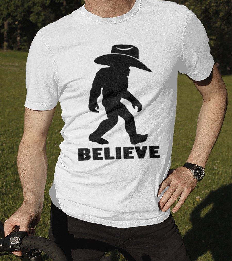 Believe Bigfoot Cowboy Hat Western Myth Legend T-Shirt