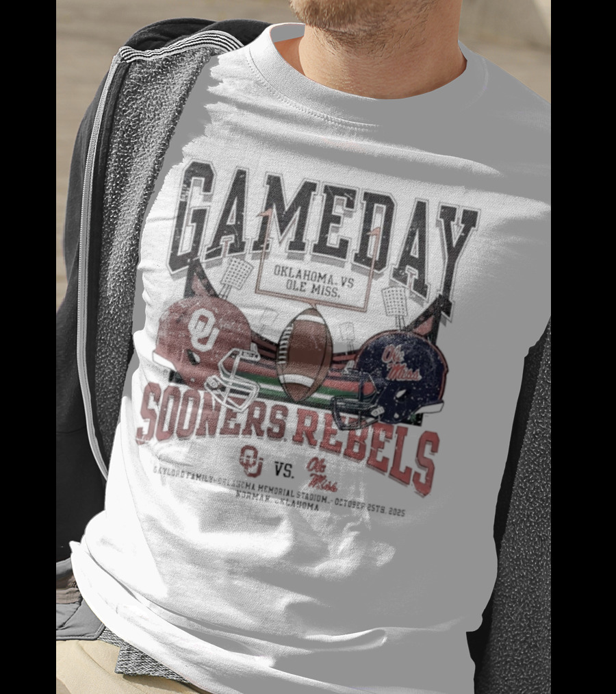 Gameday Oklahoma Sooners Vs Ole Miss Rebels Gaylord Family Oklahoma Memorial Stadium Football Helmets T-Shirt
