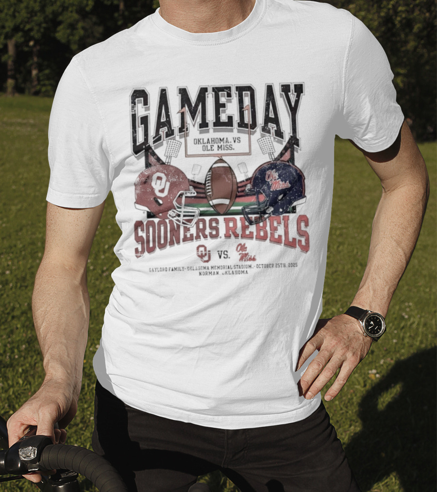 Gameday Oklahoma Sooners Vs Ole Miss Rebels Gaylord Family Oklahoma Memorial Stadium Football Helmets T-Shirt