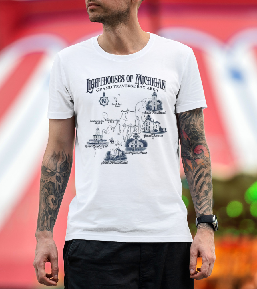 Lighthouses Of Michigan Grand Traverse Bay Area White Shoal South Fox Island Old Mission Grand Traverse South Manitou Northport T-Shirt