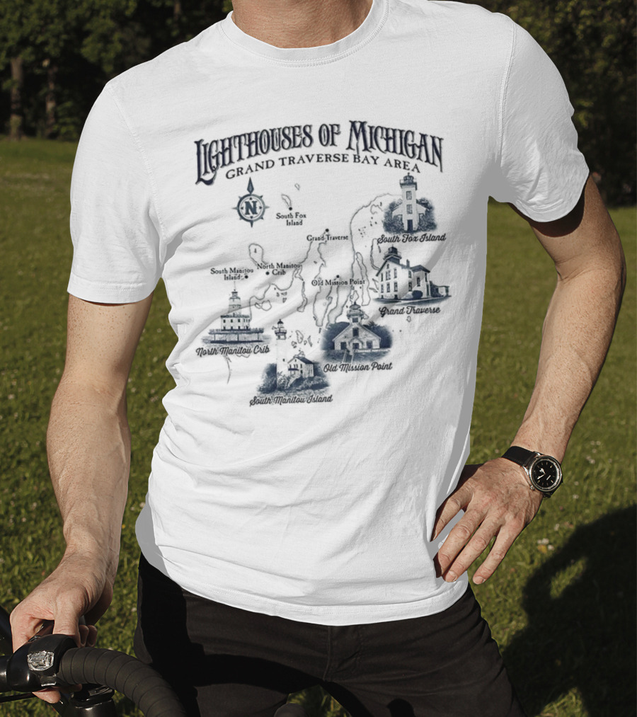 Lighthouses Of Michigan Grand Traverse Bay Area White Shoal South Fox Island Old Mission Grand Traverse South Manitou Northport T-Shirt