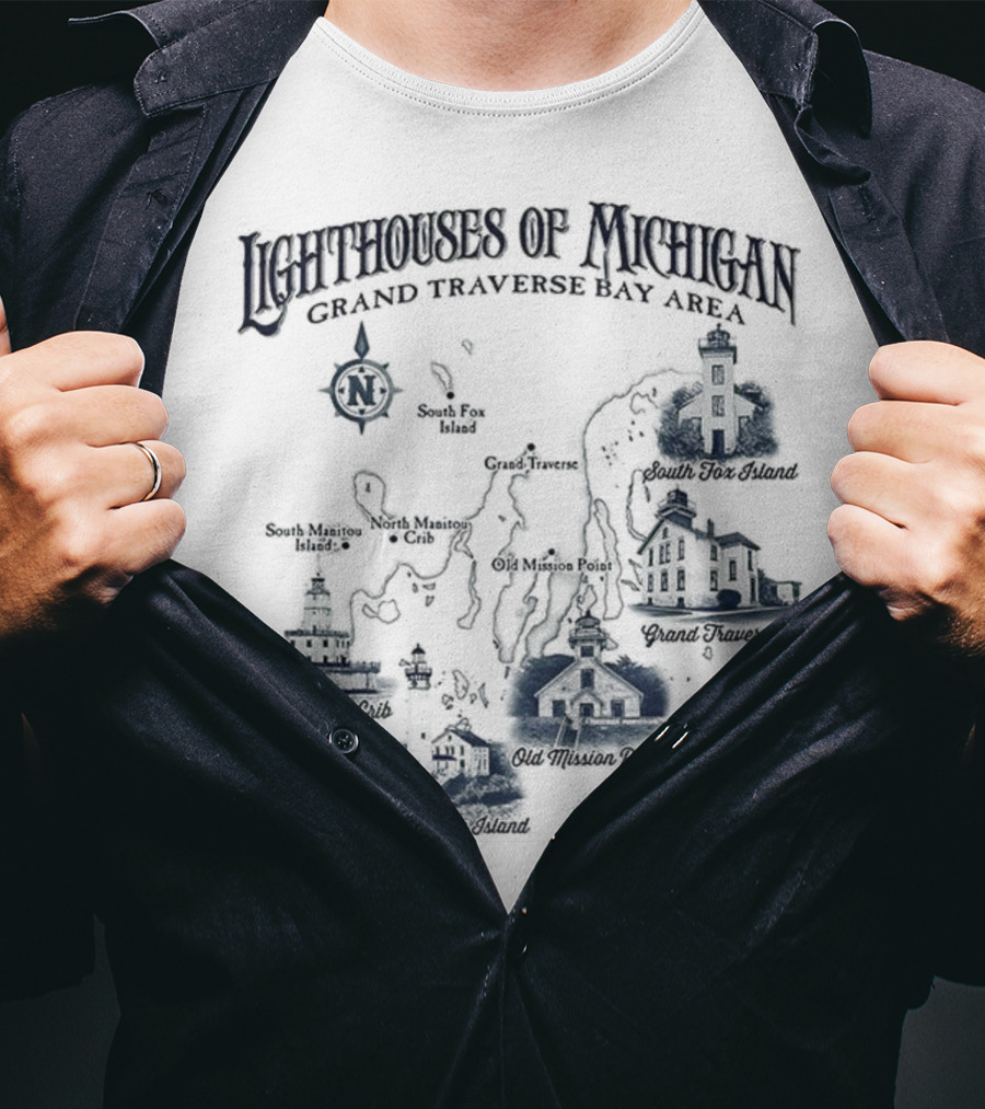 Lighthouses Of Michigan Grand Traverse Bay Area White Shoal South Fox Island Old Mission Grand Traverse South Manitou Northport T-Shirt