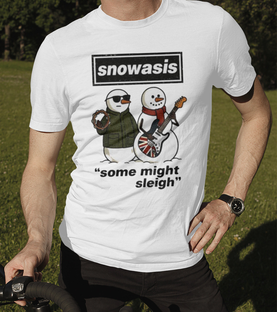 Snowasis Some Might Sleigh Christmas Snowmen With Guitars And Tambourine T-Shirt