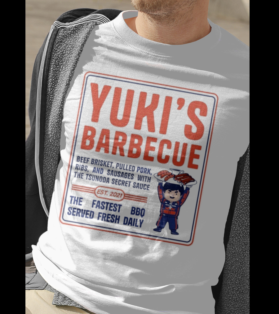Yuki's Barbecue Beef Brisket Pulled Pork Ribs Sausages Tsunoda Secret Sauce Fastest BBQ Served Fresh Daily Est 2021 T-Shirt