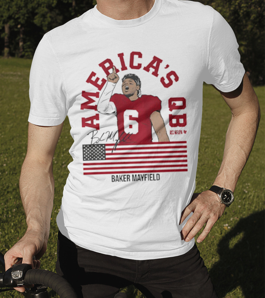 Baker Mayfield America's QB Number 6 USA Flag Signature T-Shirt