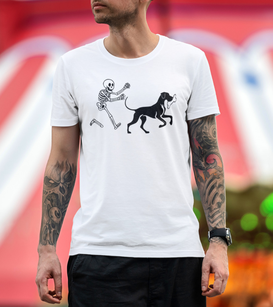 Skeleton Chasing Dog With Bone Funny Meme Halloween T-Shirt