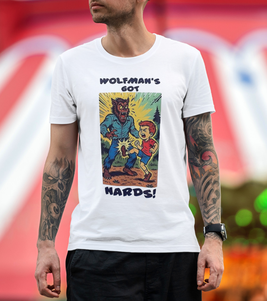 Wolfman’s Got Nards Vintage Comic Style Kid Kicking Wolfman T-Shirt