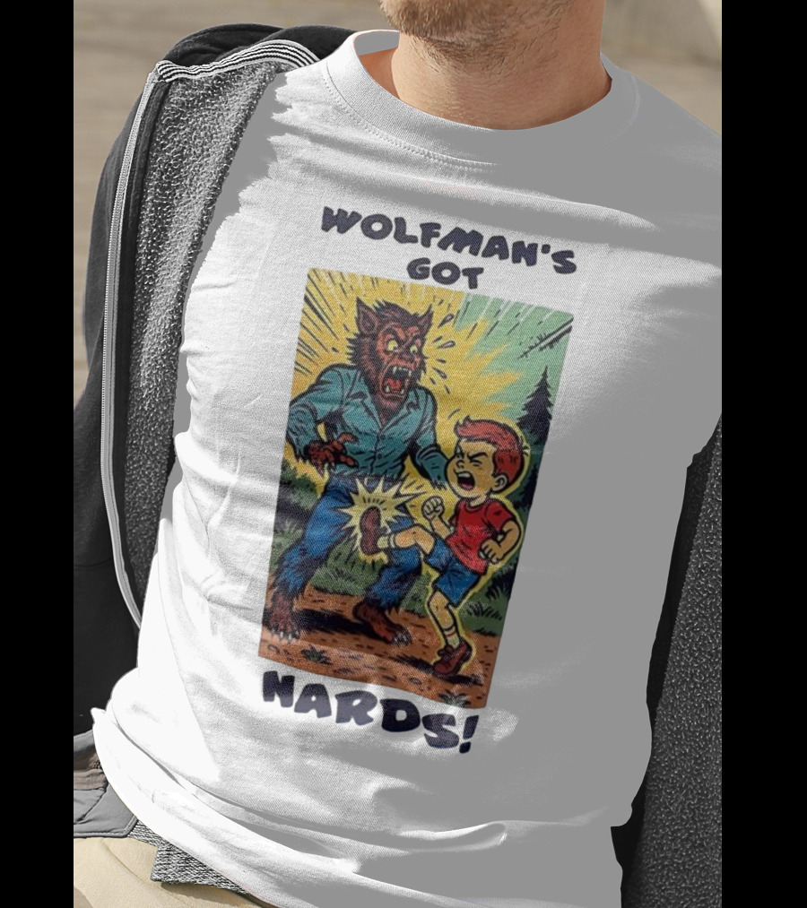 Wolfman’s Got Nards Vintage Comic Style Kid Kicking Wolfman T-Shirt