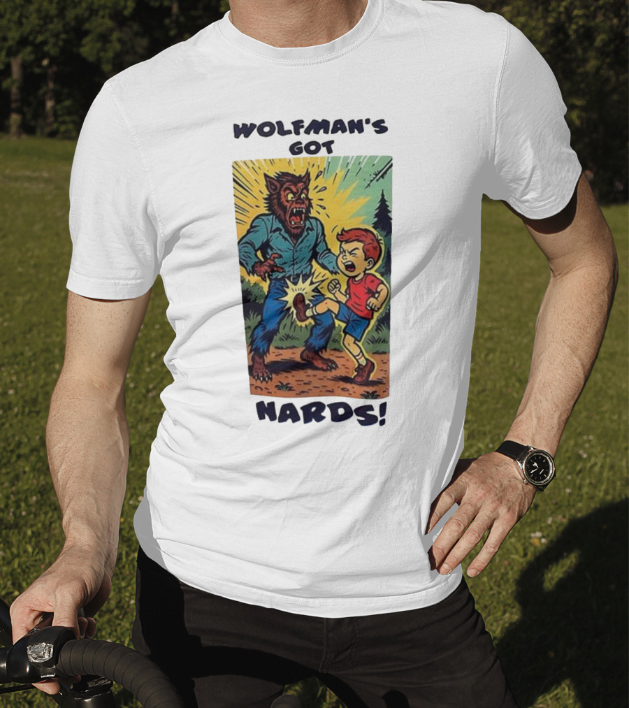 Wolfman’s Got Nards Vintage Comic Style Kid Kicking Wolfman T-Shirt