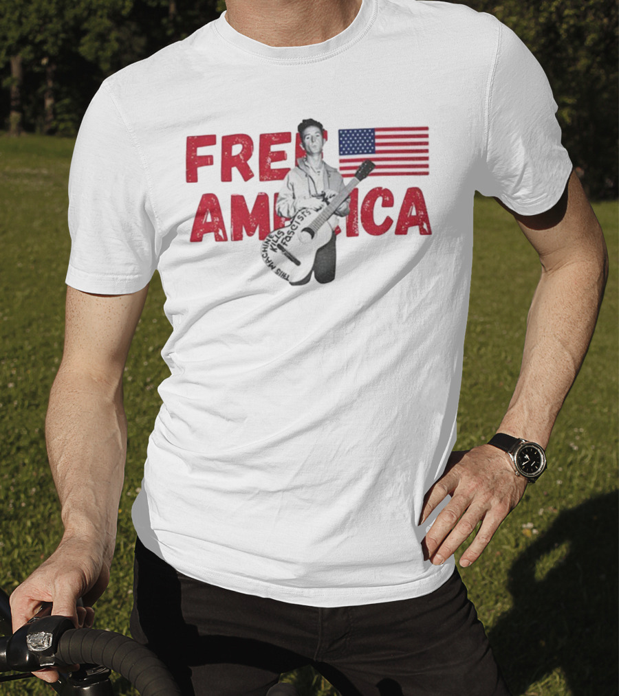 Woody Guthrie This Machine Kills Fascists Free America USA Flag T-Shirt