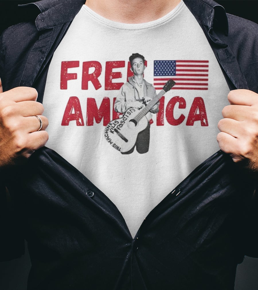 Woody Guthrie This Machine Kills Fascists Free America USA Flag T-Shirt