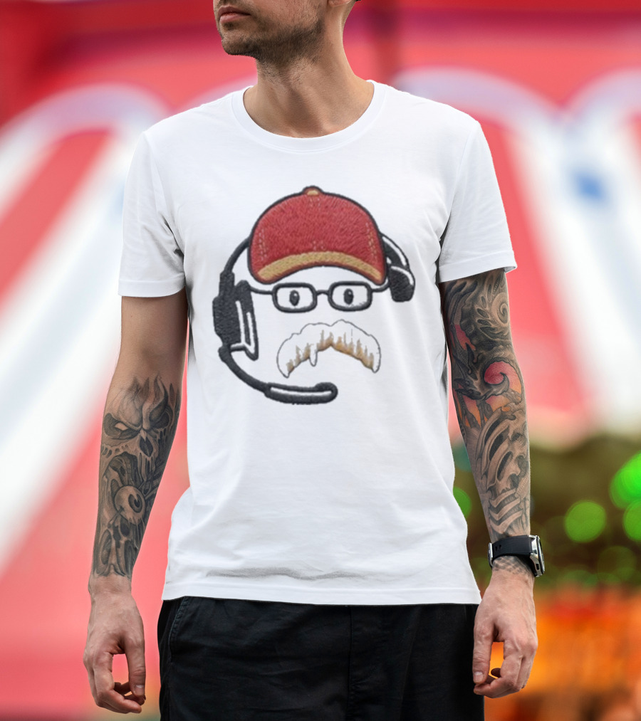 Andy Reid Kansas City Chiefs Coach Embroidered Patch Style With Red Cap And Headset T-Shirt